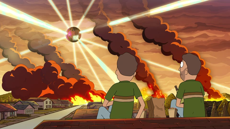 Jerry and Mooch on a rooftop during their journey through the multiverse